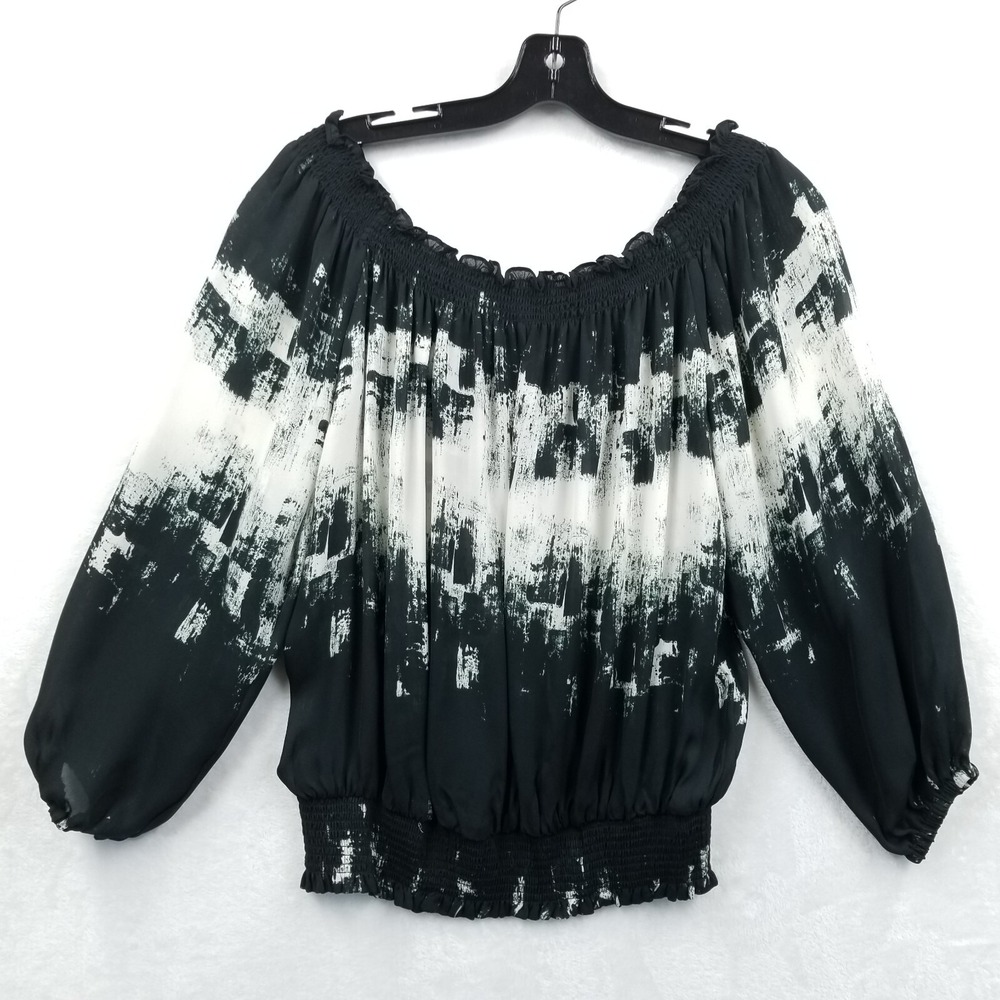 Artelier Nicole Miller Blouse P (XS) Black White‎ 100% Silk Painted Off Shoulder